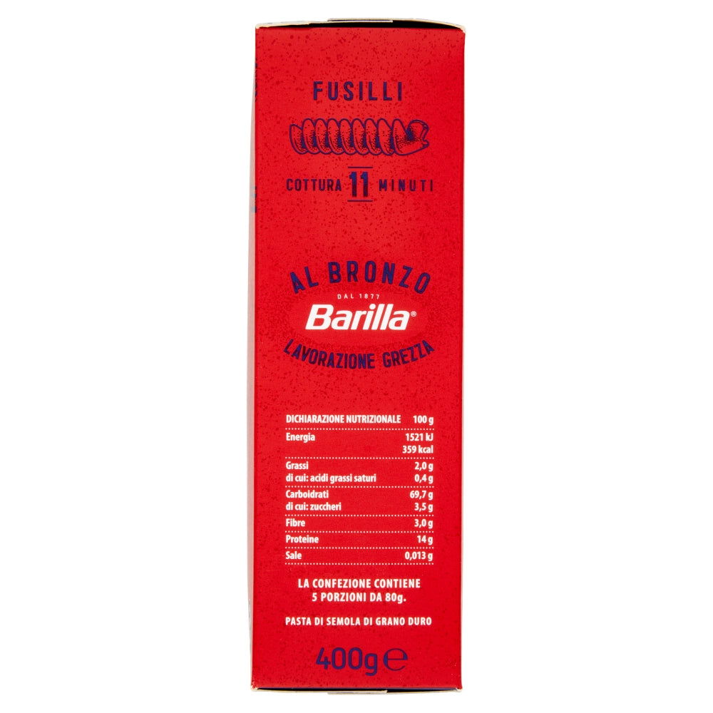 Barilla fusilli pasta trafilata al bronzo confezione da 400 grammi