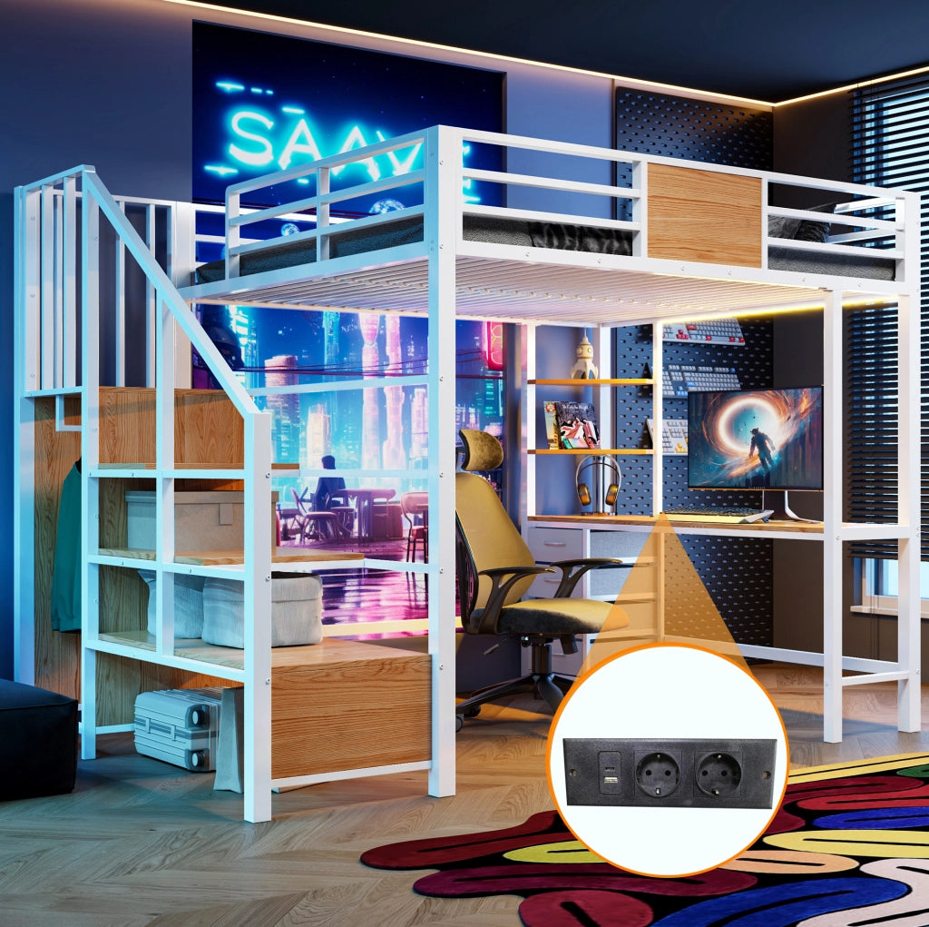 Letto a soppalco 140x200 con scrivania, ripiani, barra appendiabiti e LED