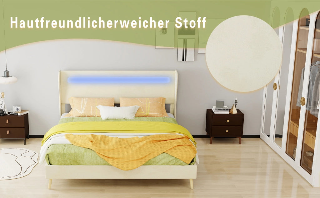 DESMIU Lit simple 160 × 200 cm con LED regolabile e schienale regolabile, senza materasso, in tessuto, beige