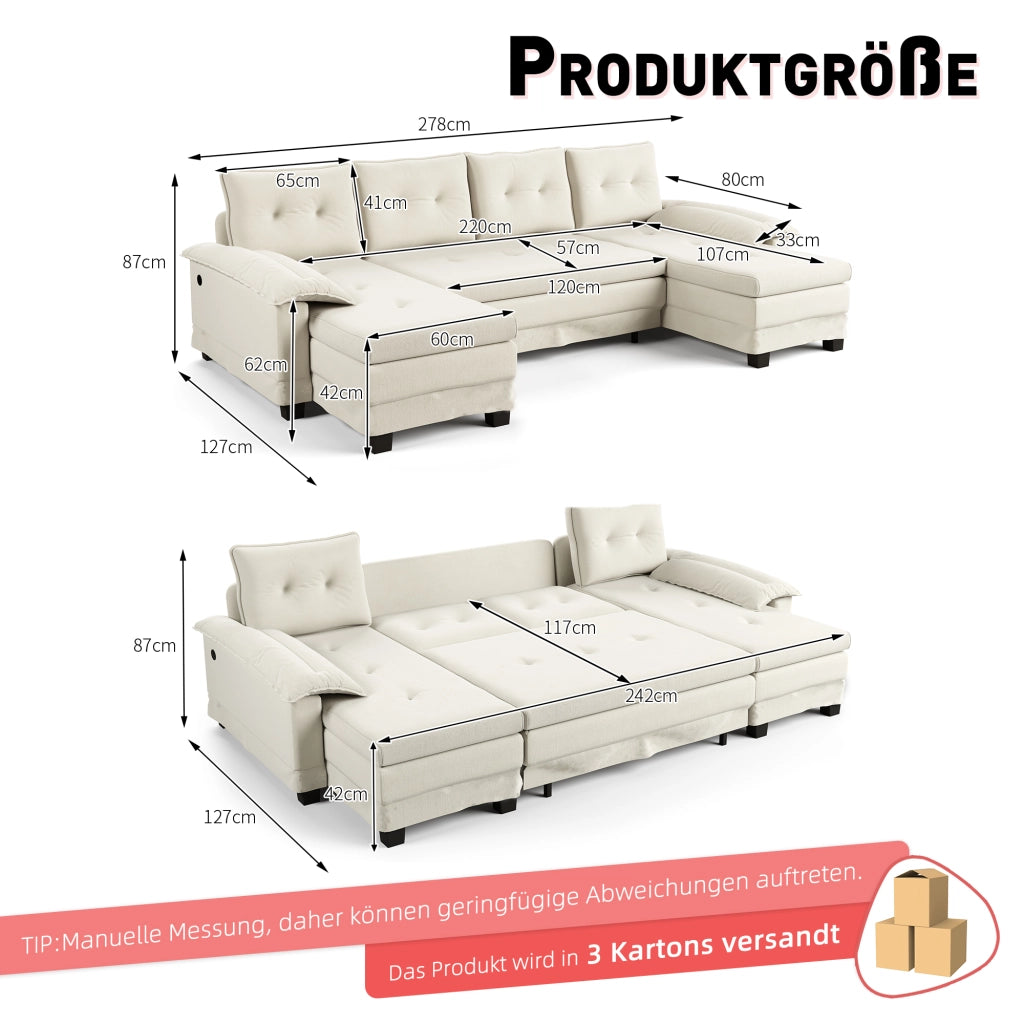 Divano panoramico a U convertibile con porta USB, braccioli rimovibili e 4 cuscini in ciniglia beige