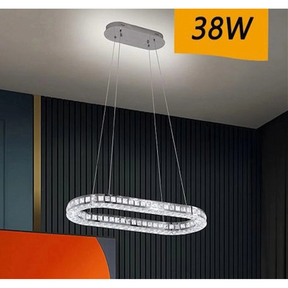 Trade Shop - Lampadario Led Soffitto 38w Sospeso 1 Ellisse In Cristallo Luce Fredda 8000k B69 -