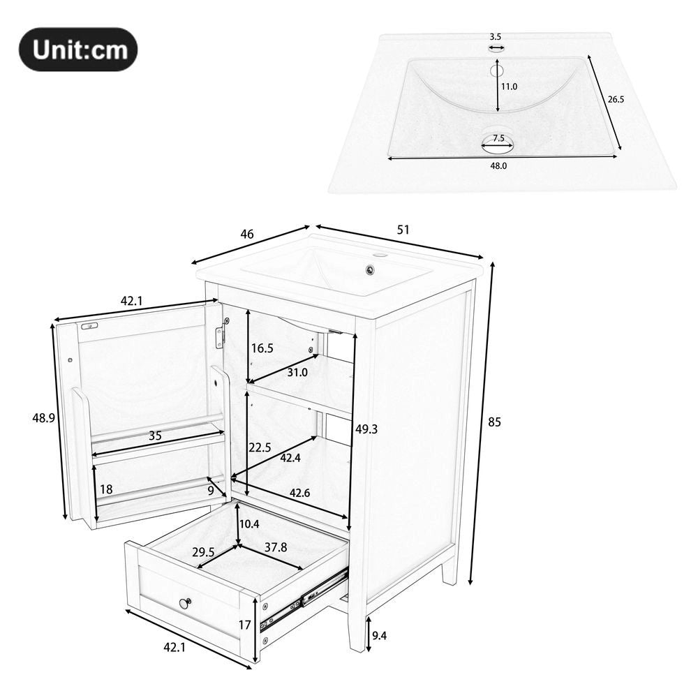 Mobile per bagno con lavabo in ceramica - Xylo - 51x46x85cm - Bianco - Vasca, ripiano regolabile, cassetto silenzioso