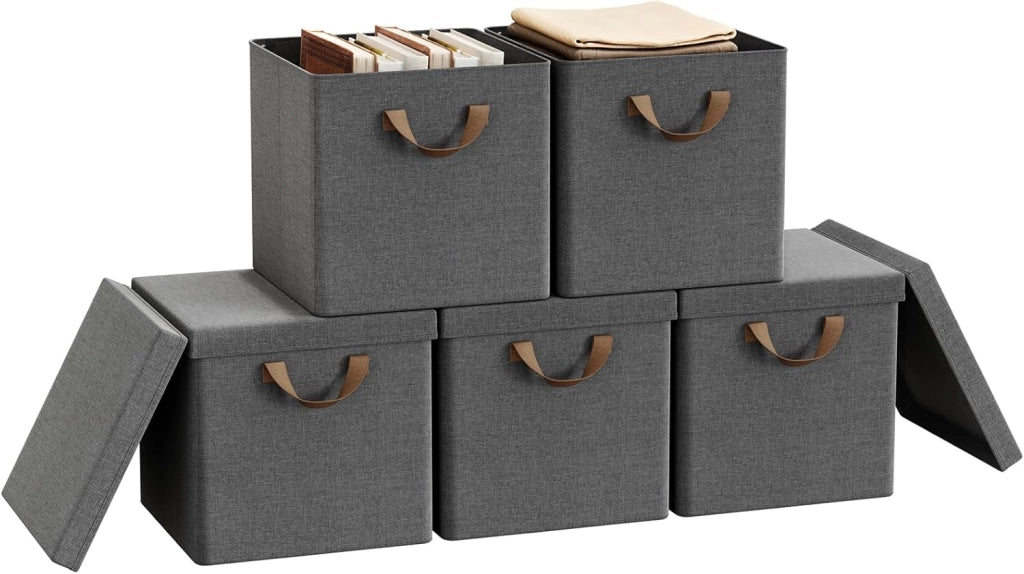 Scatole Contenitori Pieghevoli Set di 5, Cubi in Tessuto con Coperchio, Manico e Struttura in Metallo, Organizer per Scaffale e Armadio, Grigio, 30x30x29cm