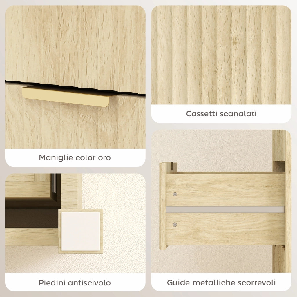 Cassettiera con 4 Cassetti Design Canettato 70x38x93 cm Maniglie Dorate in MDF Color Legno