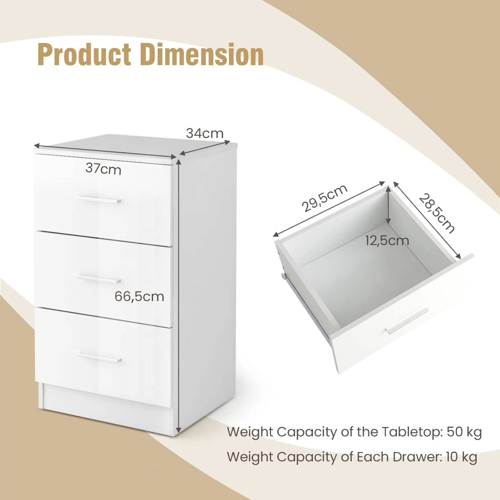 Comodino Camera, con 3 Cassetti, Armadietto Laterale, Mobiletto Fianco Letto, per Ufficio/Soggiorno/Studio, Carico di 55 kg, 37x 34x 66,5 cm, 2 Colori (Bianco 2)
