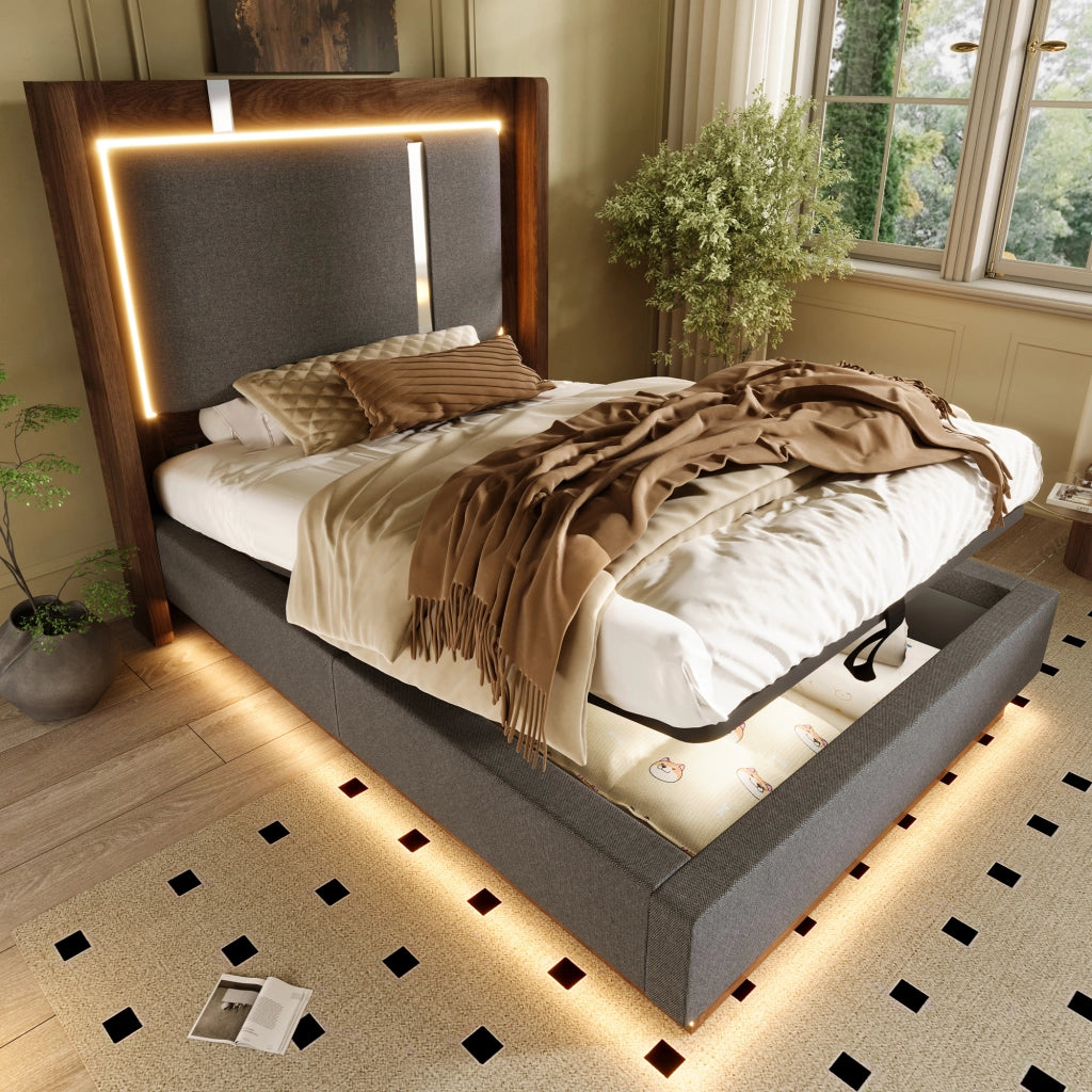 Letto contenitore 90 × 200 cm con LED, vano idraulico, senza materasso, in lino, grigio e noce