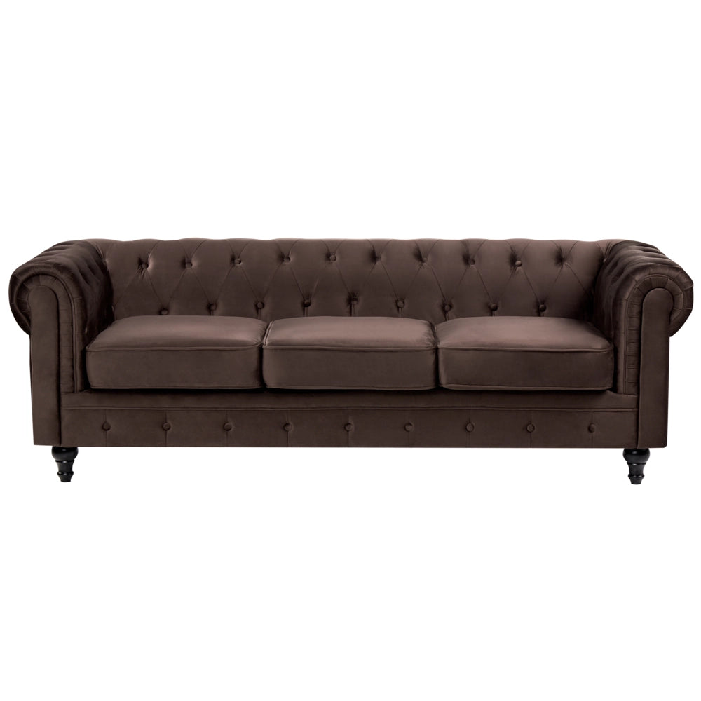 Divano Chesterfield classico capitonné a 3 posti in velluto marrone scuro stile Contemporaneo