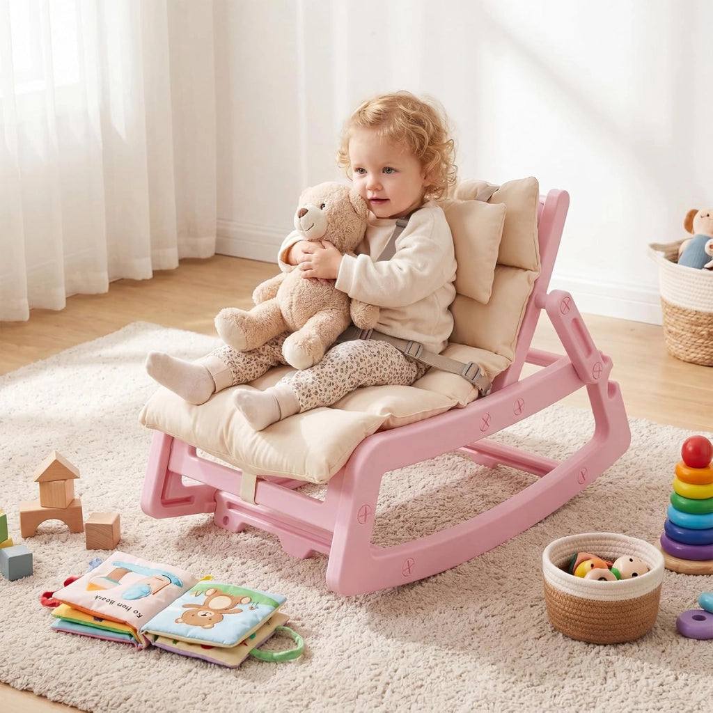 Sedia a Dondolo Bambini, Schienale Regolabile, con Cucino (Rosa) | Sdraietta a Dondolo, Poggiatesta Rimovibile e Cintura 5 Punti, Portata 80 kg, per Bambini 6+ Mesi