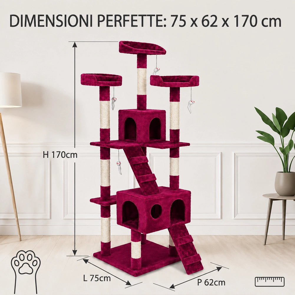 Tiragraffi per Gatti Albero Sisal Parco Giochi Gatto Tira Graffi 170cm Rosso Vin