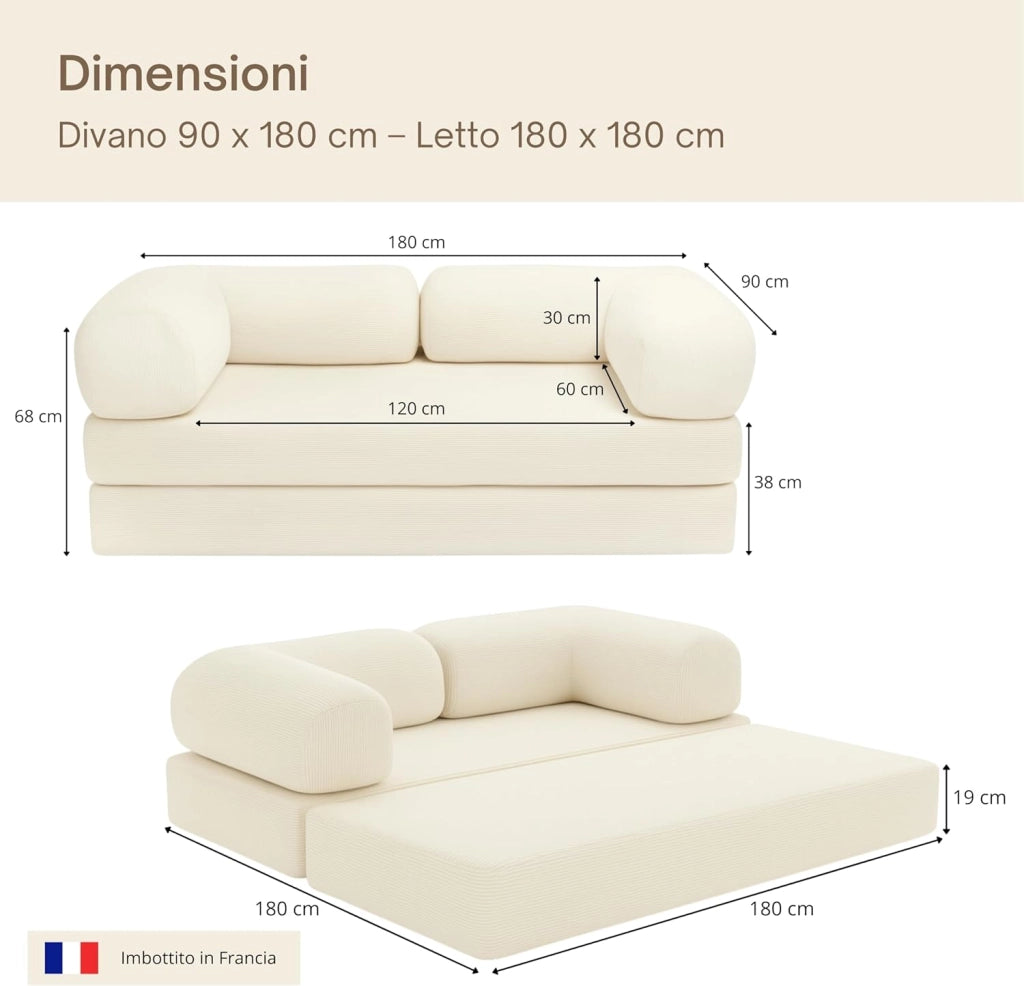 Divano 2 Posti Prodotto in Francia - Divano Letto Modulare in Schiuma ad Alta Densità e Tessuto in Velluto a Coste - Design Innovativo Boneless Couch, Spedito Compresso (Ecru)