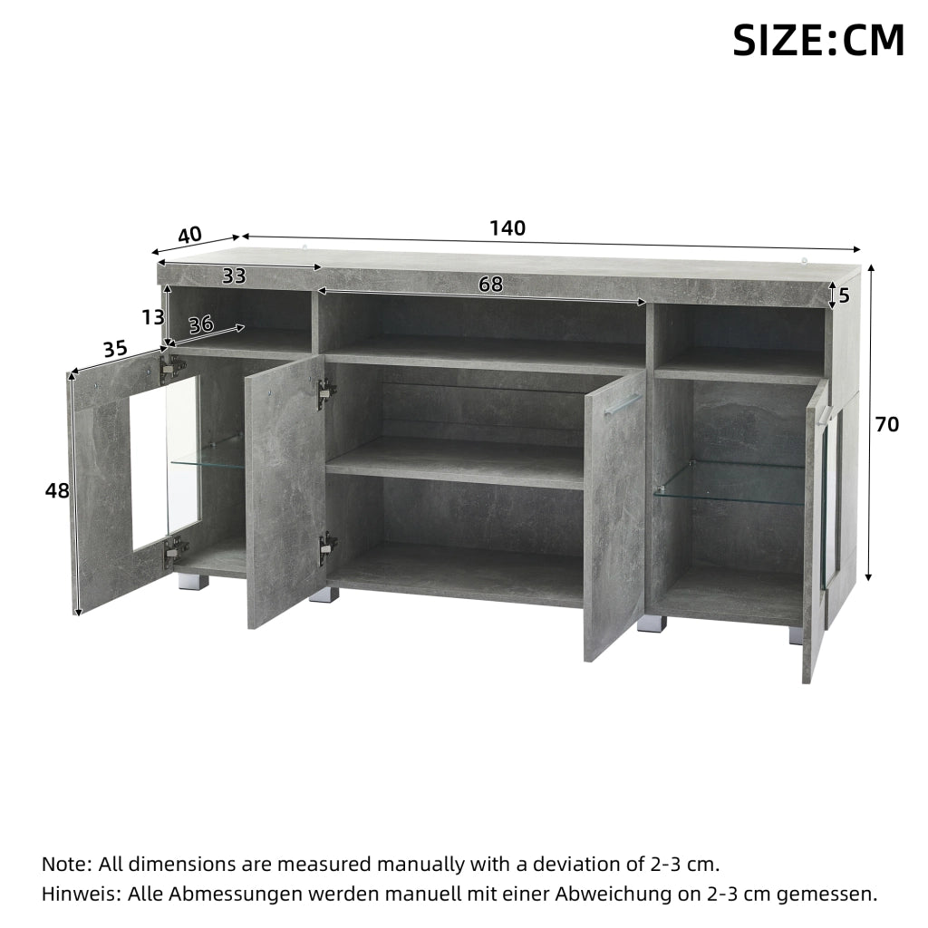 Credenza e madia con LED e ante in vetro temperato, 3 vani contenitore, per soggiorno, in MDF, grigio cemento 140 × 40 × 70 cm