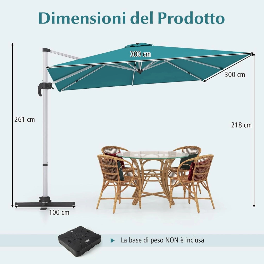 Ombrellone da Giardino 300 cm, Ombrellone Quadrato da Esterno con Rotazione a 360°, Inclinazione Regolabile, Base a Croce, 8 Stecche (Blu)