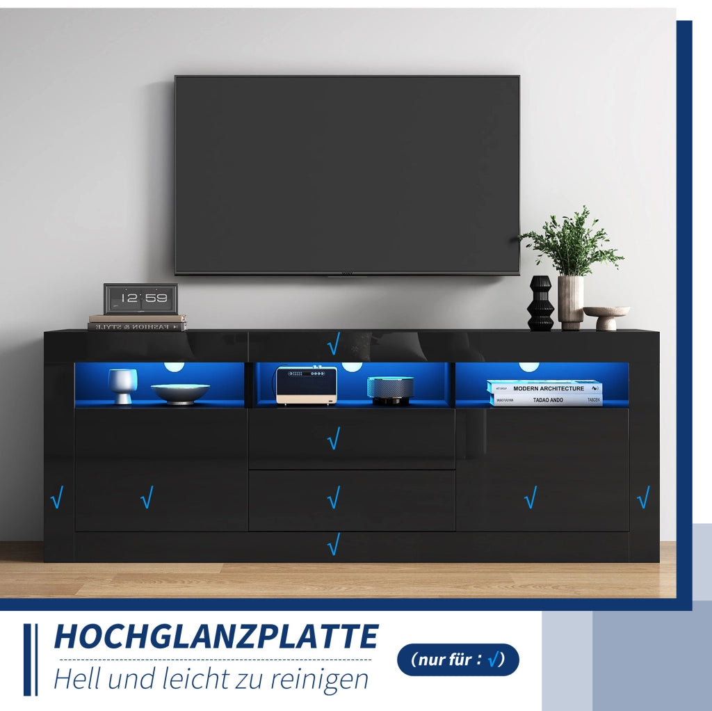 Mobile TV nero lucido 160x35x60 cm con LED Bluetooth, 2 ante e 2 cassetti