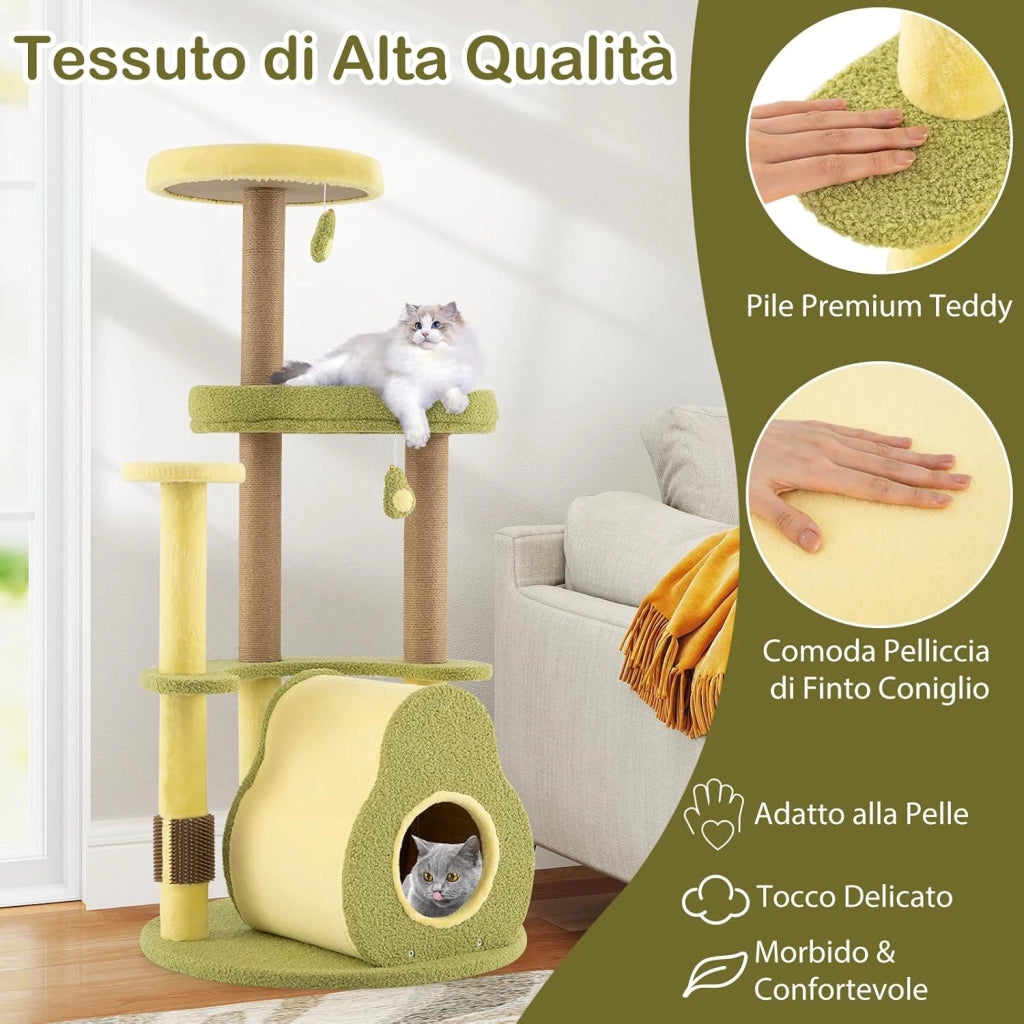 Albero per Gatti Multilivello 125 cm Stile Avocado, Tiragraffi Gatto con 3 Pali in Sisal, 4 Piattaforme, 2 Pompon e Grotta, Cuccia Albero Gatto Imbottito in Peluche con Tavola di Juta