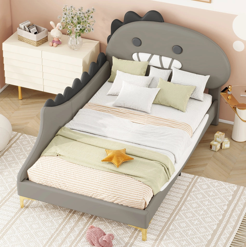 Letto per bambini 90x200 cm; forma dinosauro; PU e MDF; grigio