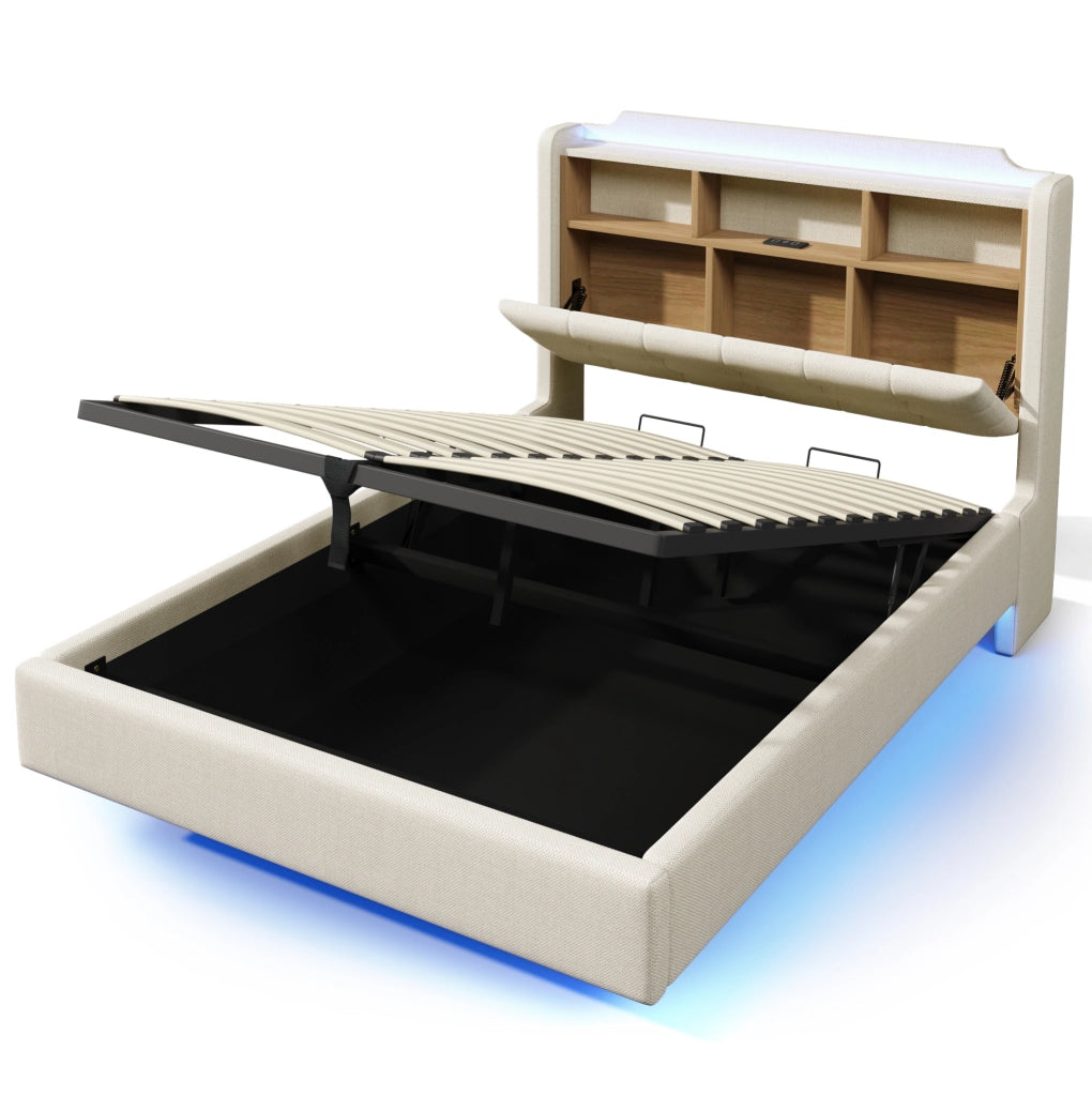 Letto imbottito 140x200 cm con contenitore idraulico e LED beige