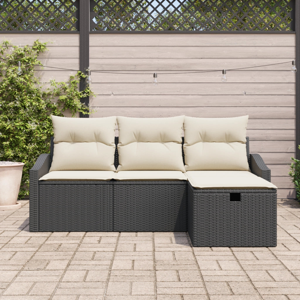 Set Divano da Giardino a 4 Pezzi con Cuscini Nero Polyrattan