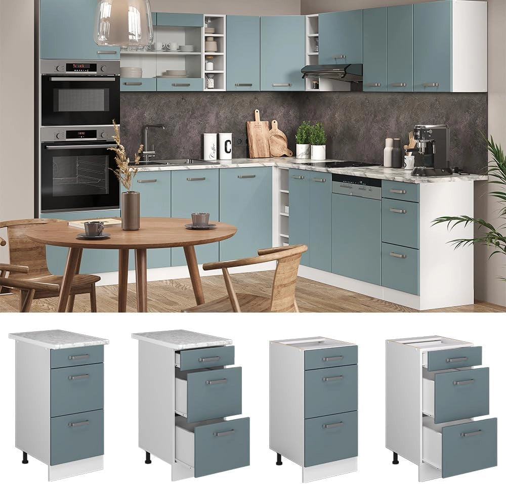 Mobiletto base per cucina R-Line, Grigio-blu, 40 cm con cassetti, senza piano di lavoro, per la libera combinazione all'interno di sistemi cucina modulari