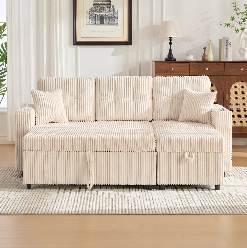 Divano letto estraibile 196x82-144x85 cm con contenitore e USB-C beige