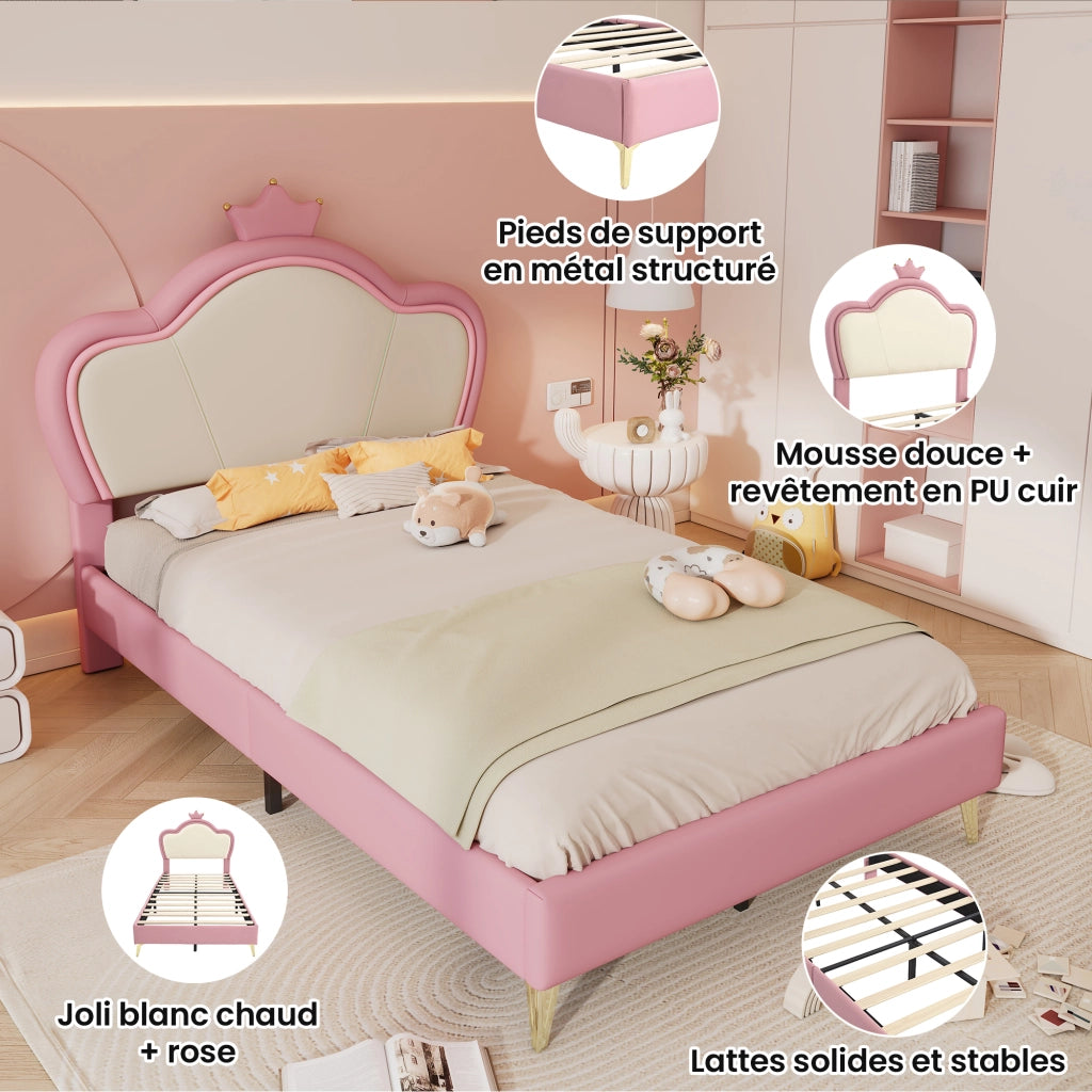 OKWISH Letto Bambini 90×200 cm, Letto Singolo con Bordi Imbottiti, Testiera Corona e 12 Doghe, senza Materasso, PU, Rosa e Bianco