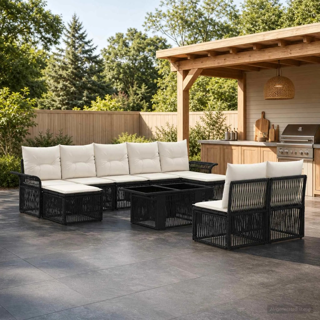 Set Divano da Giardino 10 pz Nero e Bianco Crema polyrattan 3436690