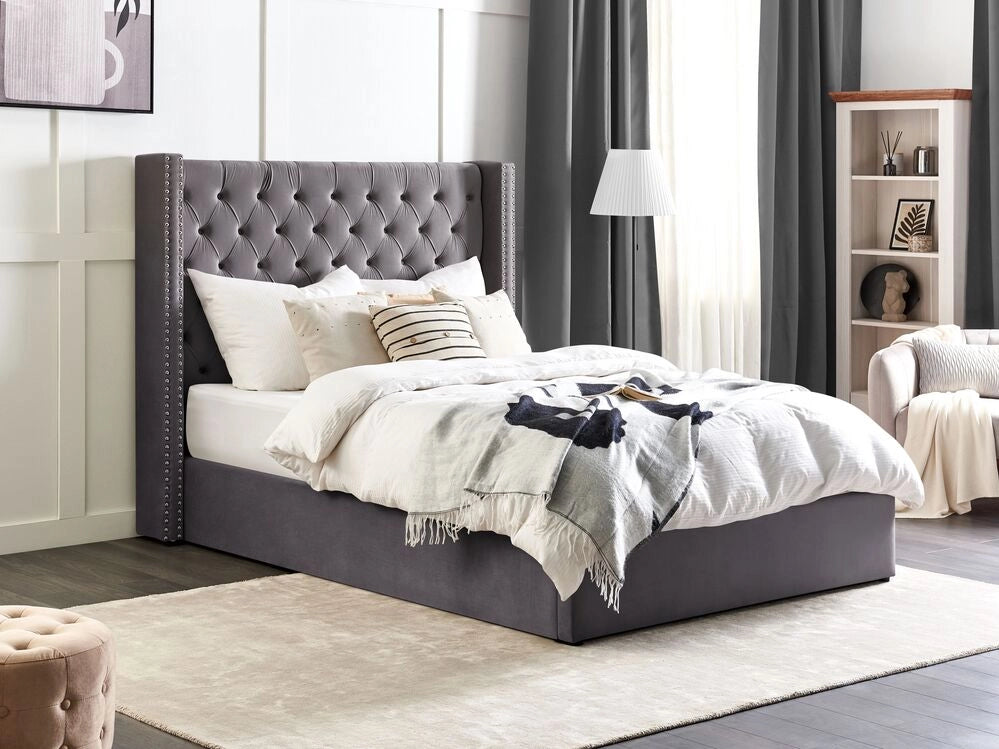Letto contenitore velluto grigio e argento 140 x 200 cm glamour elegante