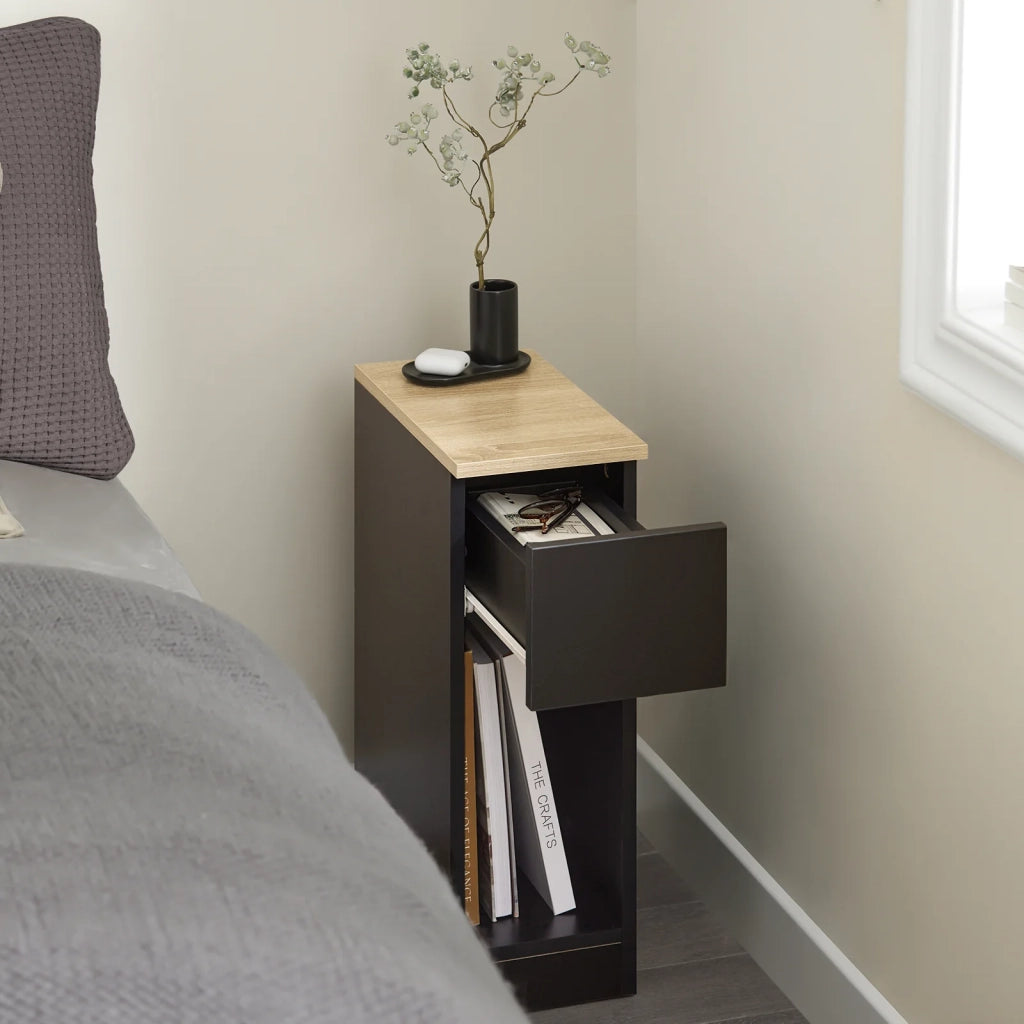 Comodino con cassetto per letto a molle 20x60x35 cm Nero FBT111-SCH