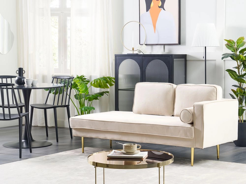 Chaise longue Velluto Beige e Oro Imbottito versione destra Orientamento Gambe In Metallo Rafforzamento Cuscino Design Moderno
