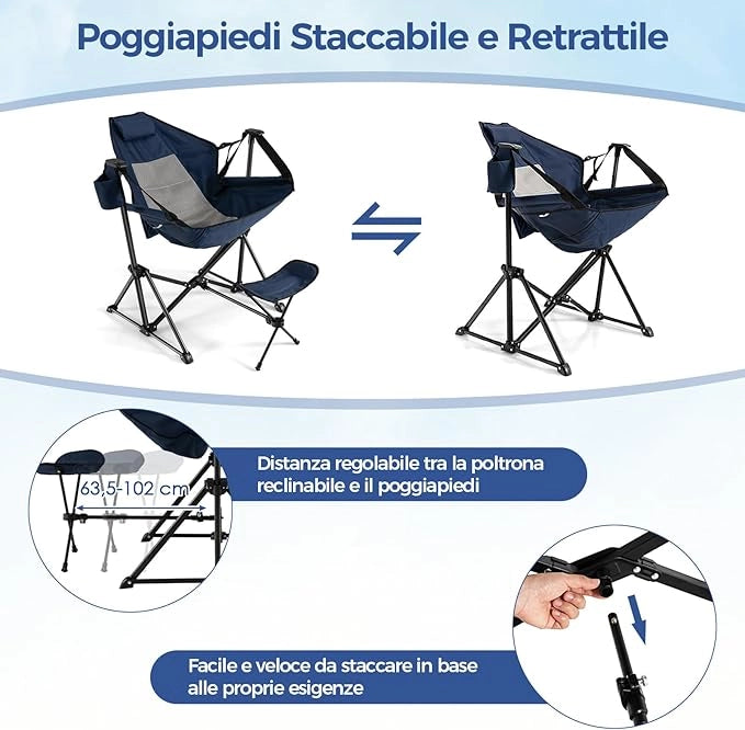 Sedia da Campeggio, Sedia Pieghevole per Esterni con Schienale e Poggiapiedi Regolabili, Poggiatesta, Porta Bicchiere e Borsa da Trasporto per Spiaggia, Giardino, Pesca, Supporta 150 kg (Blu)