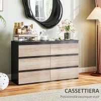 Cassettiera 6 Cassetti per Camera da Letto in Legno con Guide in Metallo, 120x39x75 cm, Nera e color Legno