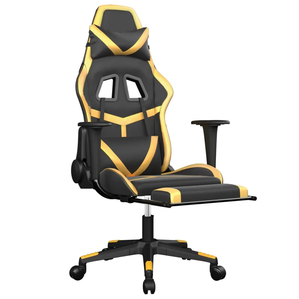 Sedia da Gaming | Sedia da e-sports Massaggiante Poggiapiedi Nero e Oro Similpelle
