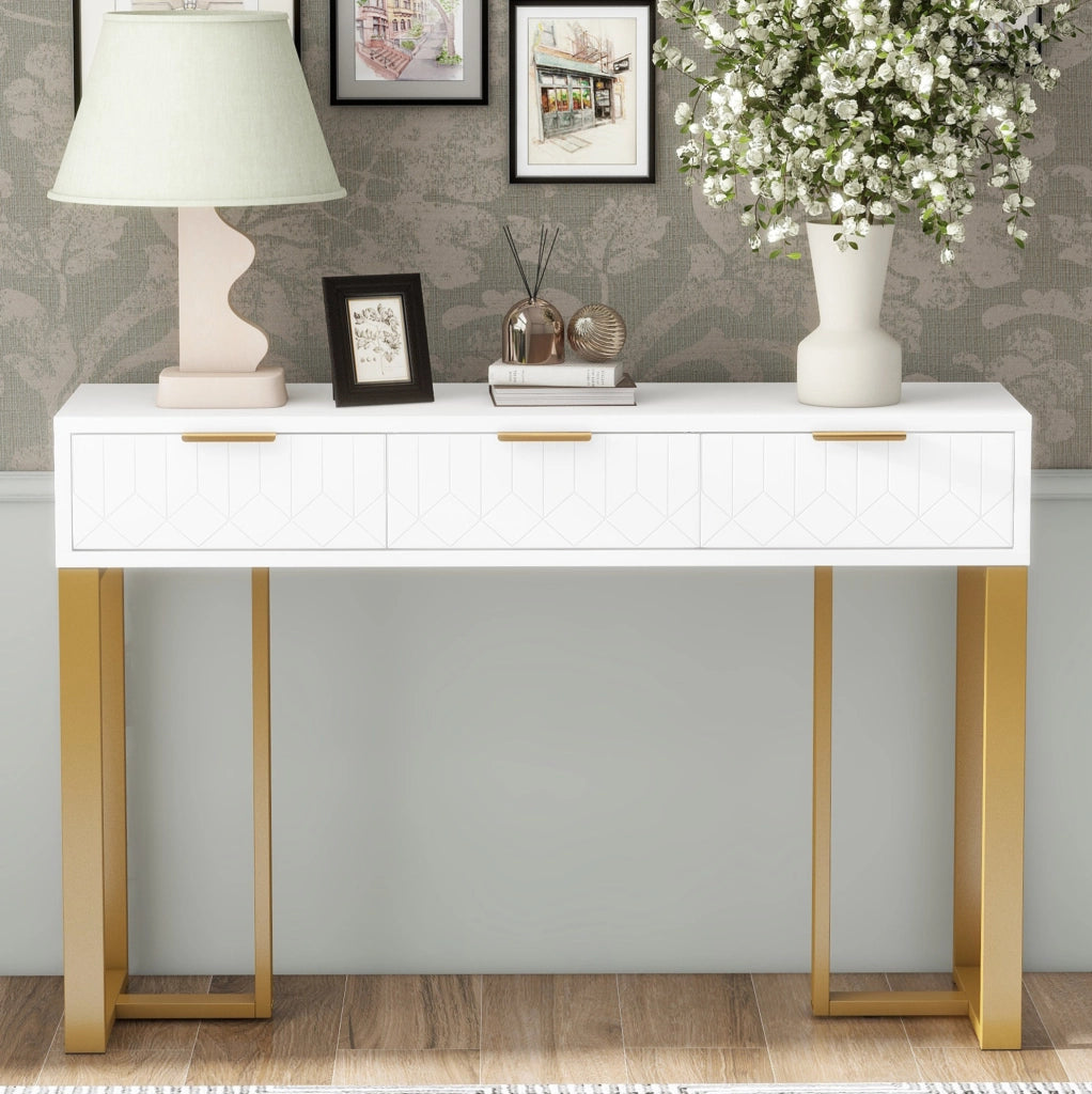 Tavolino consolle moderno con cassetti, struttura dorata e design elegante