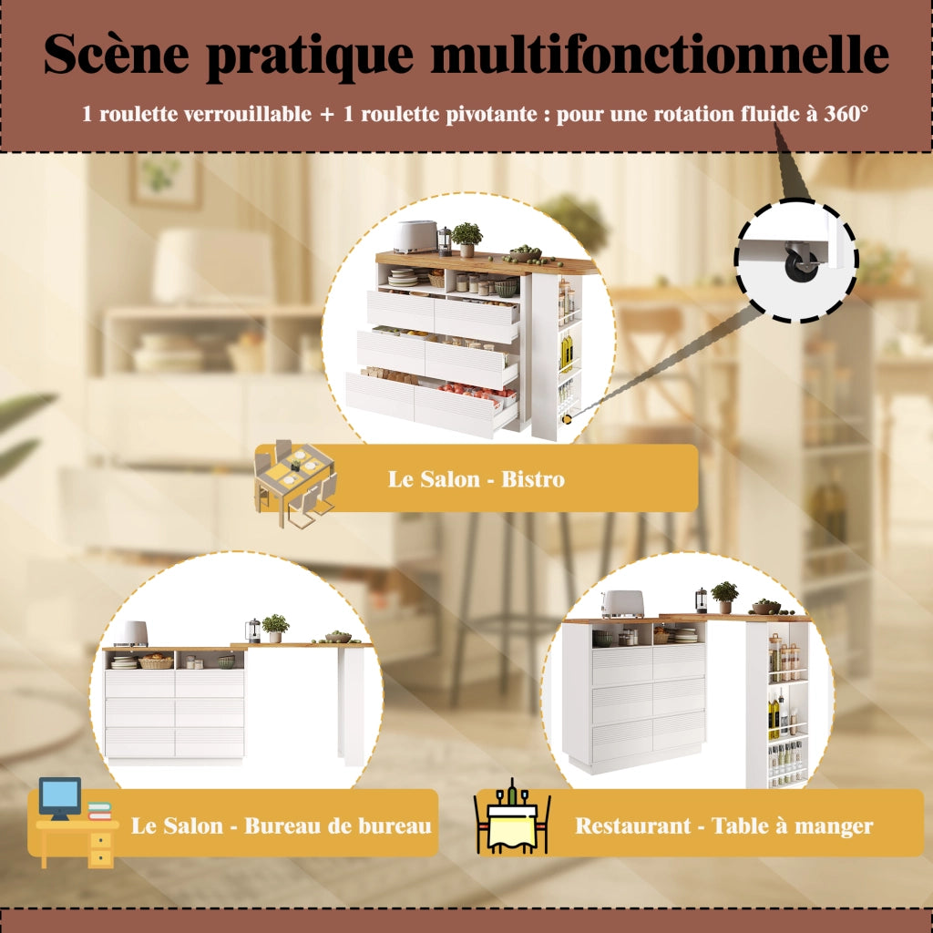 Tavolo bar estensibile con 6 cassetti; piano girevole; ruote nascoste e sistema antiribaltamento; per soggiorno e cucina