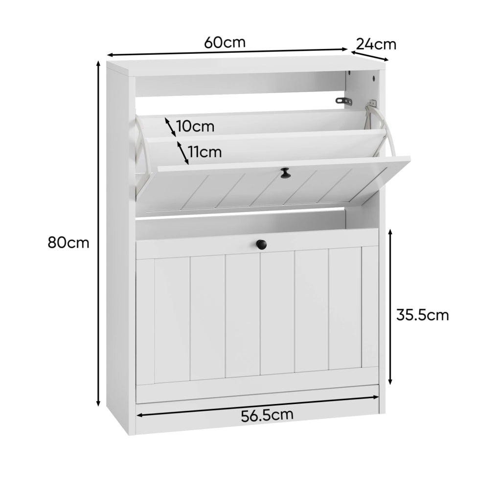 Scarpiera freestanding con 2 cassetti a ribalta; MDF e truciolare bianco