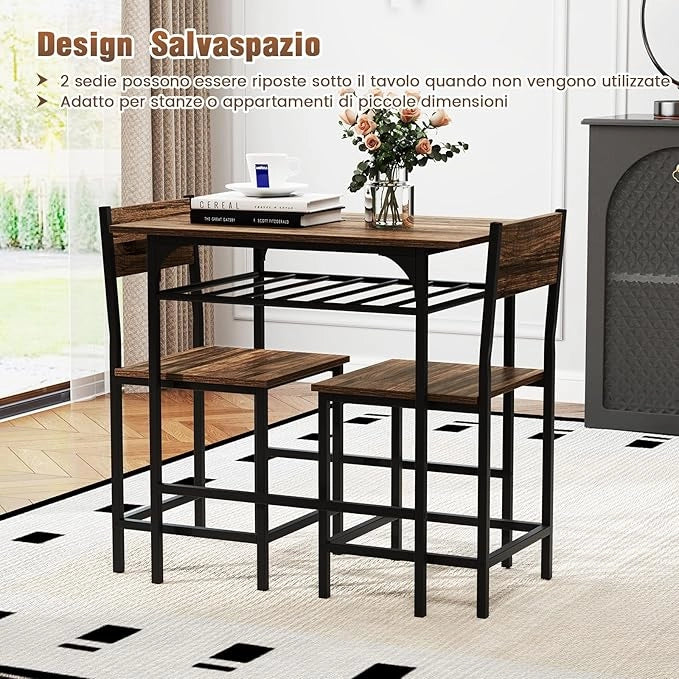 Set da Pranzo per 2 Persone, Set da 3 Pezzi di Tavolo Rettangolare in Legno e Sedie con Struttura in Metallo e Ripiano di Stoccaggio, per Angolo Colazione e Sala da Pranzo (Marrone)