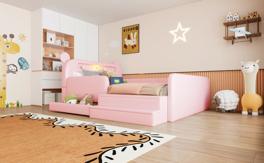 Letto imbottito per bambini con testiera a orso e USB, 140x200 cm, rosa