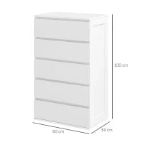 Cassettiera 5 Cassetti in Legno con Maniglie Scanalate, 60x38x100cm, Bianco