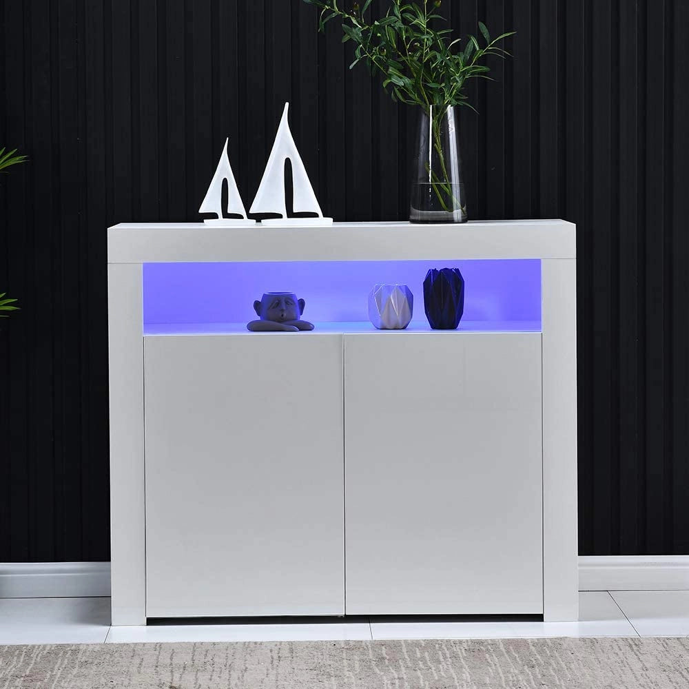 Credenza bianca con LED e 2 ante; 108 x 40 x 92 cm; con vano aperto