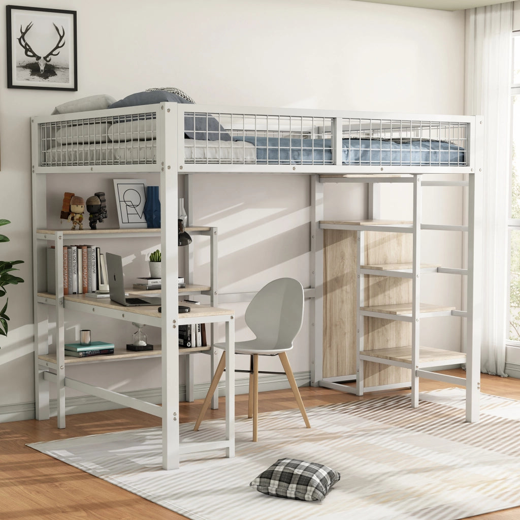 Letto a castello bianco in metallo e MDF con scrivania e armadio 140x200 cm