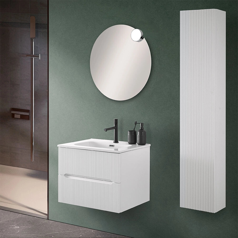 Mobile bagno sospeso cannettato 60 cm bianco opaco con lavabo Bali