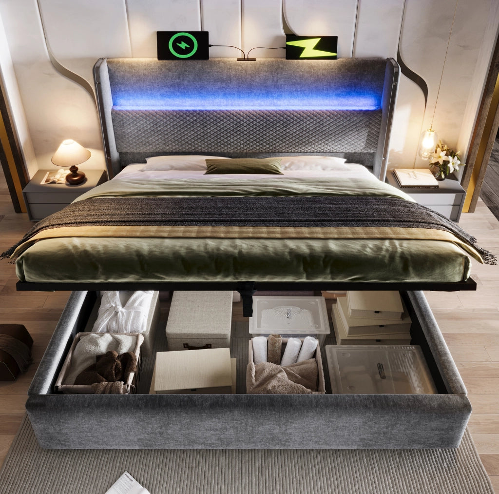 Letto matrimoniale 160x200 cm con testiera alta; LED; USB e contenitore; grigio; con materasso