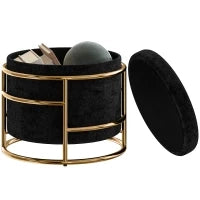Pouf con Spazio di Archiviazione, Pouf Imbottito, Telaio in Metallo, Dorato, Nero