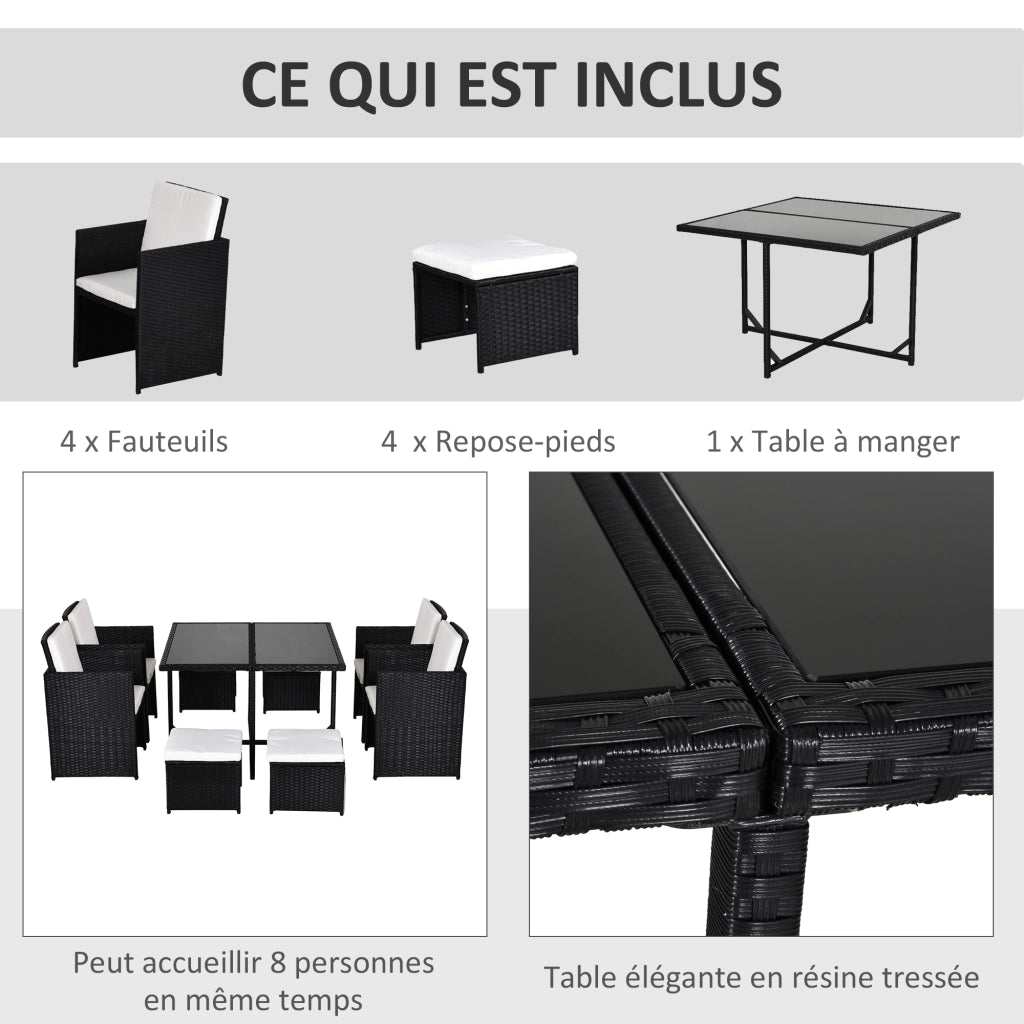 Set Divano da Giardino 8 Posti 9 Pezzi ¨C zephmum ¨C Resina Polyrattan Nero con Cuscini Beige
