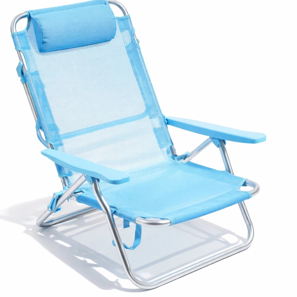 Spiaggina Relax Pieghevole Da Mare Con Telaio In Alluminio Seduta In Textilene Traspirante Poggiatesta Integrato E Braccioli Ergonomici Per Campeggio Outdoor 53 x 62 x 77 Cm Azzurro