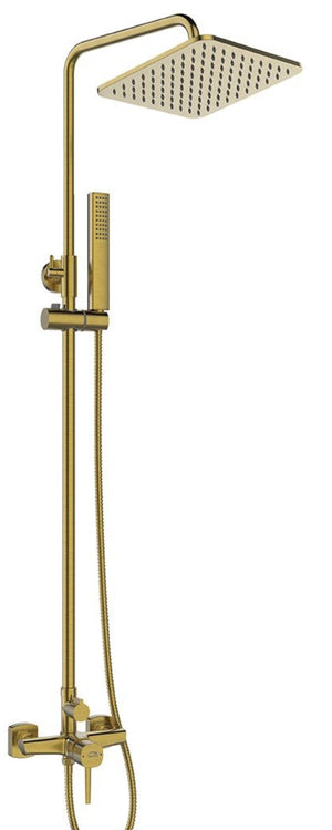 Colonna doccia oro spazzolato | Soffione a pioggia quadrato, doccetta portatile, sistema anticalcare e flessibile antito