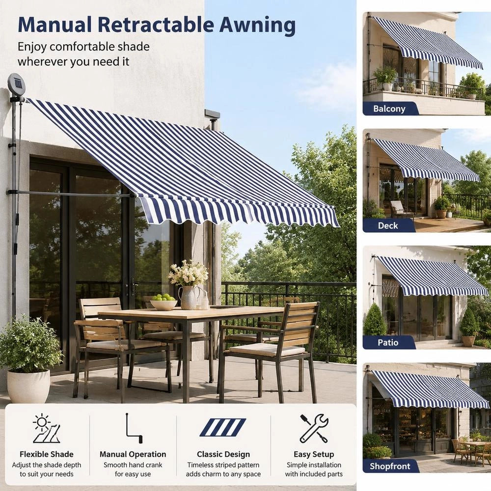 Retractable Awning, Manually Operated, With LED, 300 Cm, Blue And White