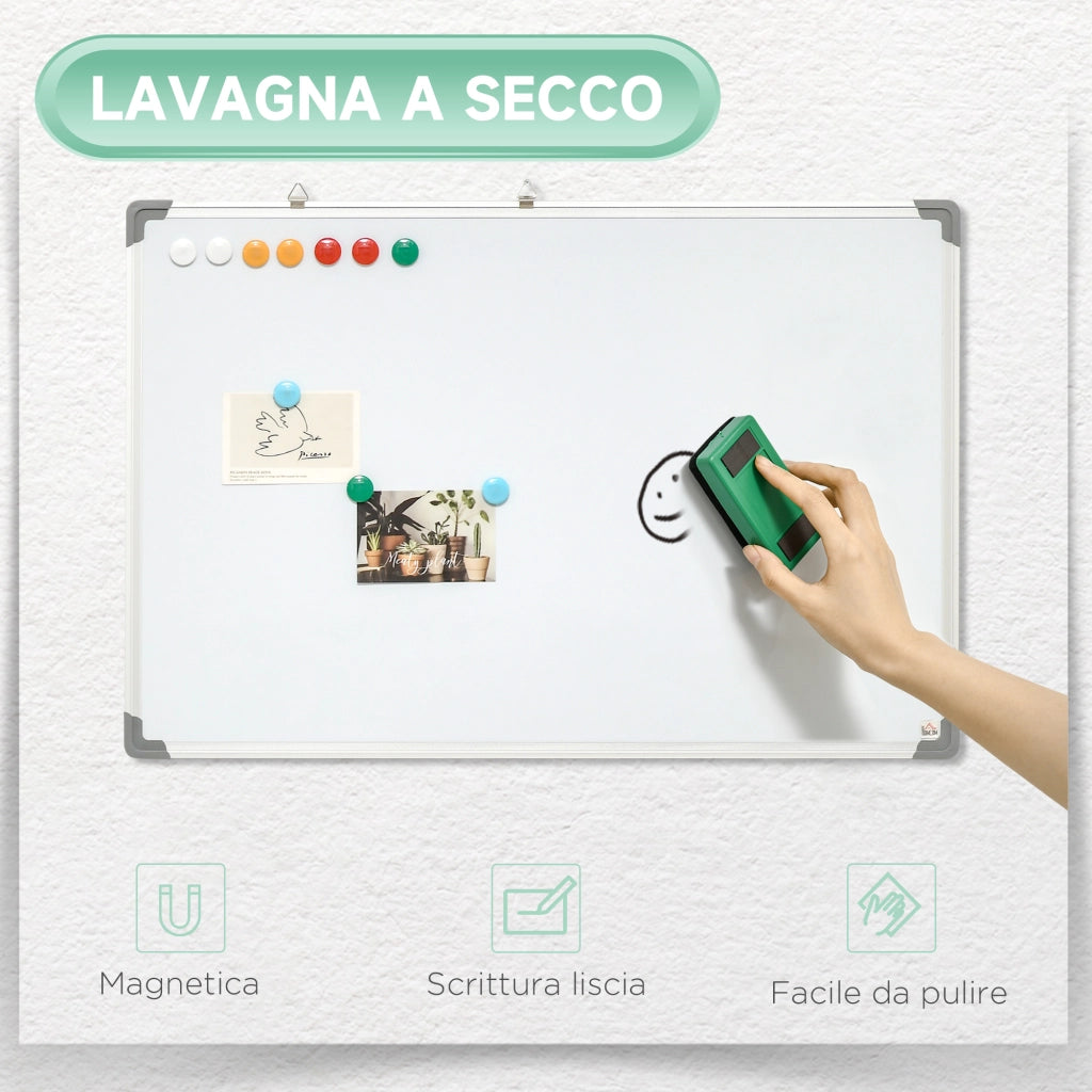 Lavagna Magnetica da Parete con Gomma, Pennarelli e Magneti, in Alluminio, 60x1.8x45 cm, Bianco
