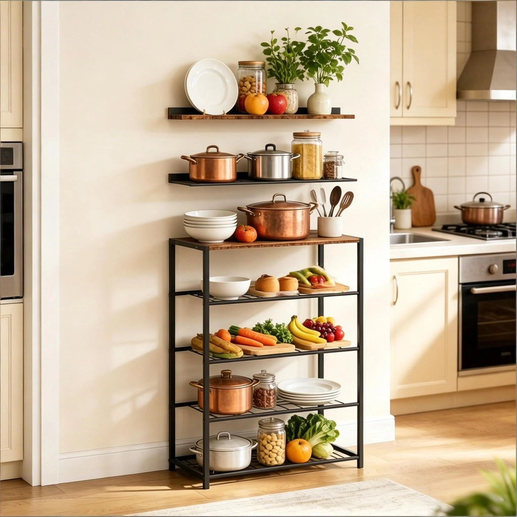 Scarpiera aperta a 4 ripiani in MDF e acciaio, stile industriale, 30 x 63 x 83 cm, nera/rustic brown