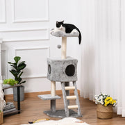 Albero tiragraffi per gatti multi-livello 120 cm con cuccia, piattaforme e scala, grigio chiaro