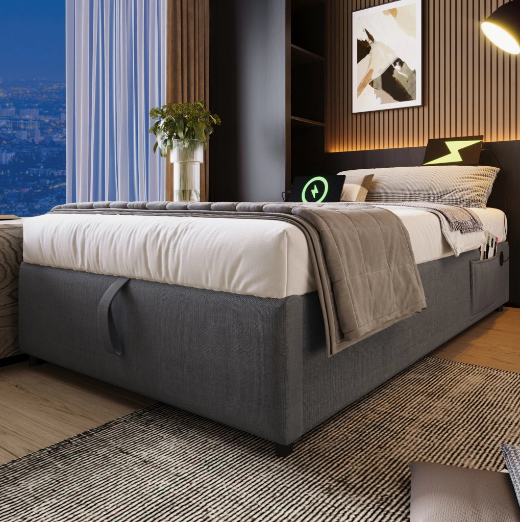 Letto contenitore singolo 90x200 cm con USB e USB C; cotone e lino grigio